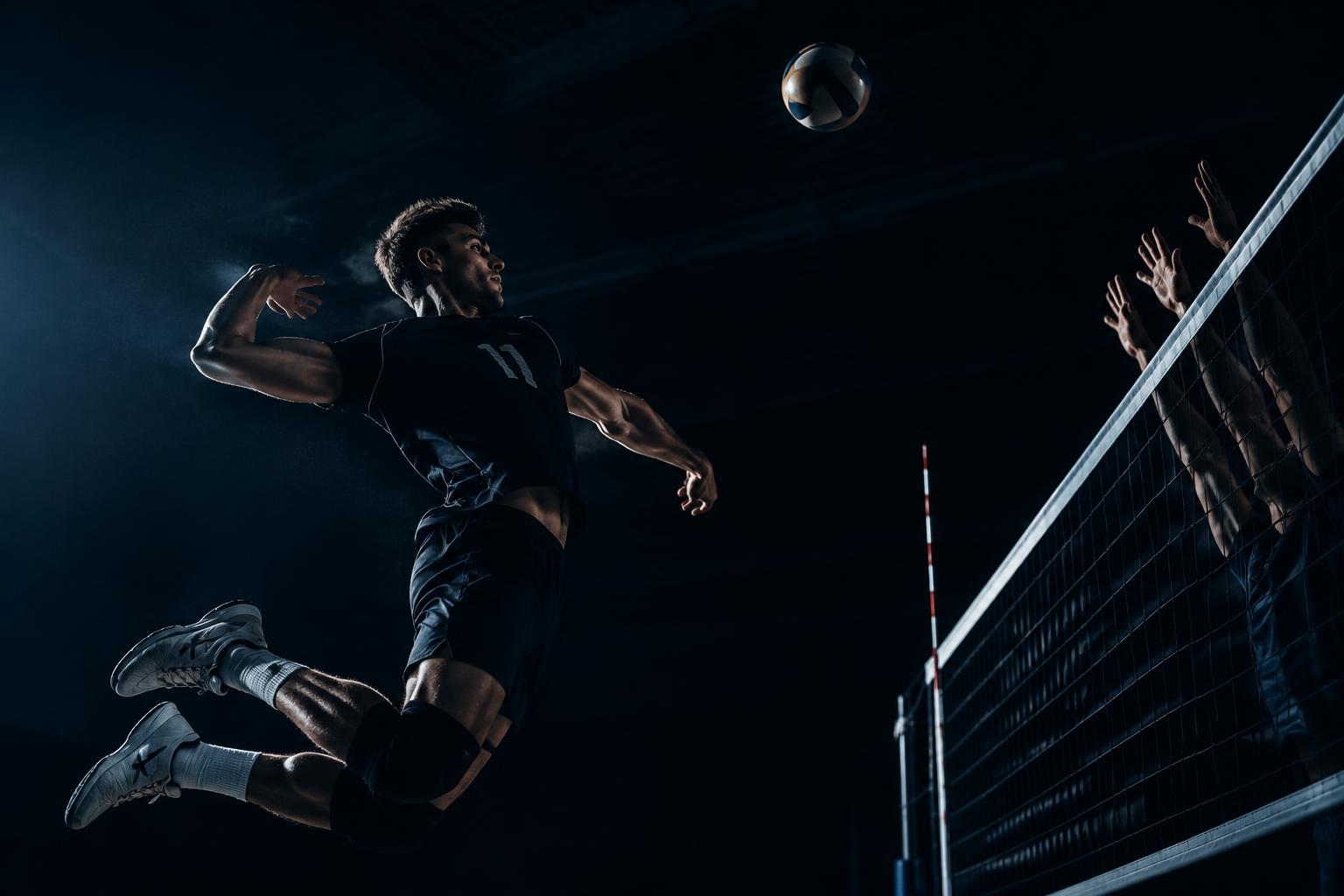 Volleyball athlete attacking at the net during a training session